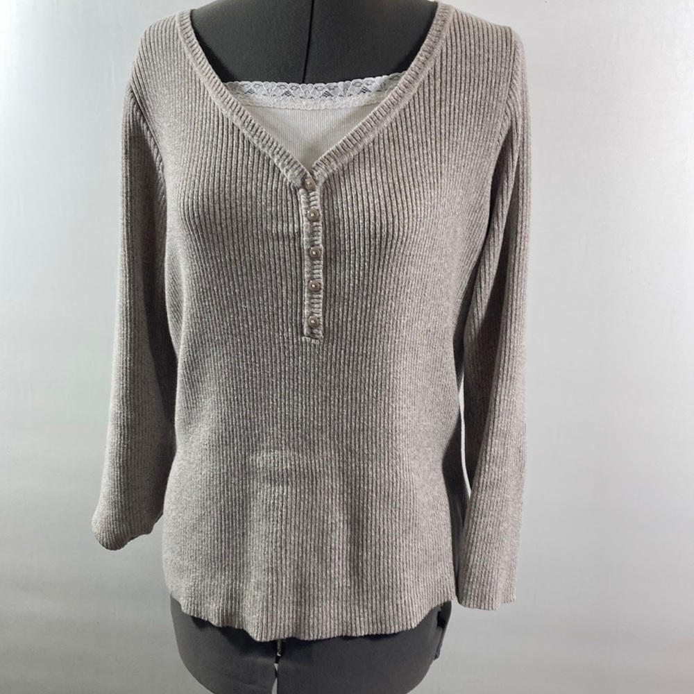 Reference Point Sweater Women Size 1X Tan & White Ribbed Detail 100% Cotton
